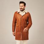 Men's Tan Brown Long Shearling Leather Coat | Real Lambskin Winter Coat by Shearling Jacket
