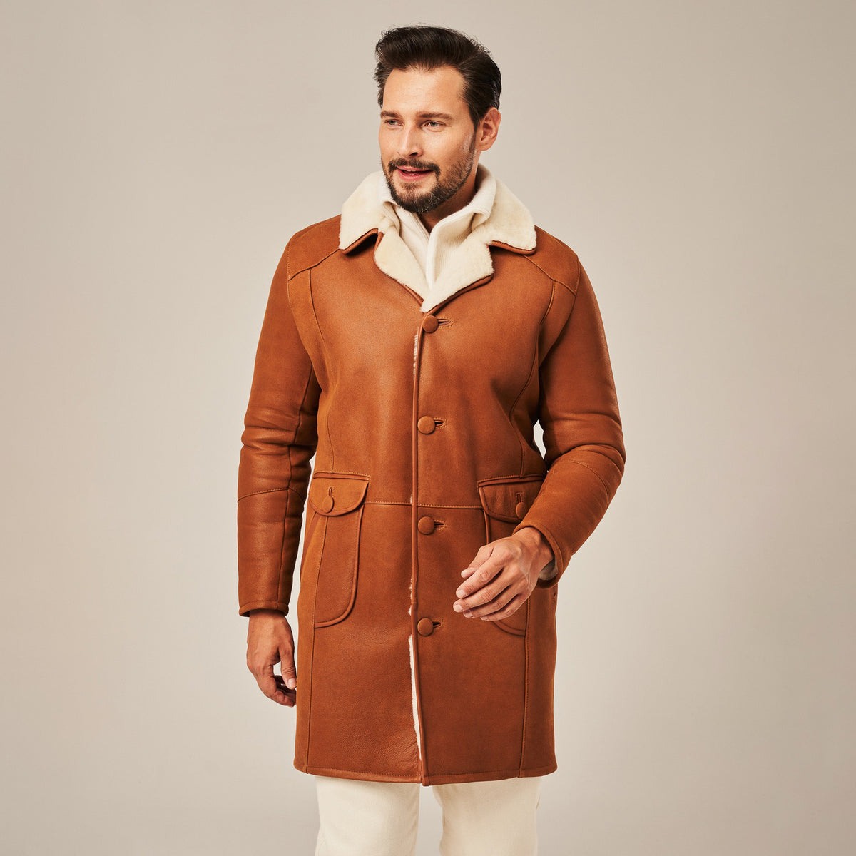 Men's Tan Brown Long Shearling Leather Coat | Real Lambskin Winter Coat by Shearling Jacket