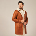 Men's Tan Brown Long Shearling Leather Coat | Real Lambskin Winter Coat by Shearling Jacket