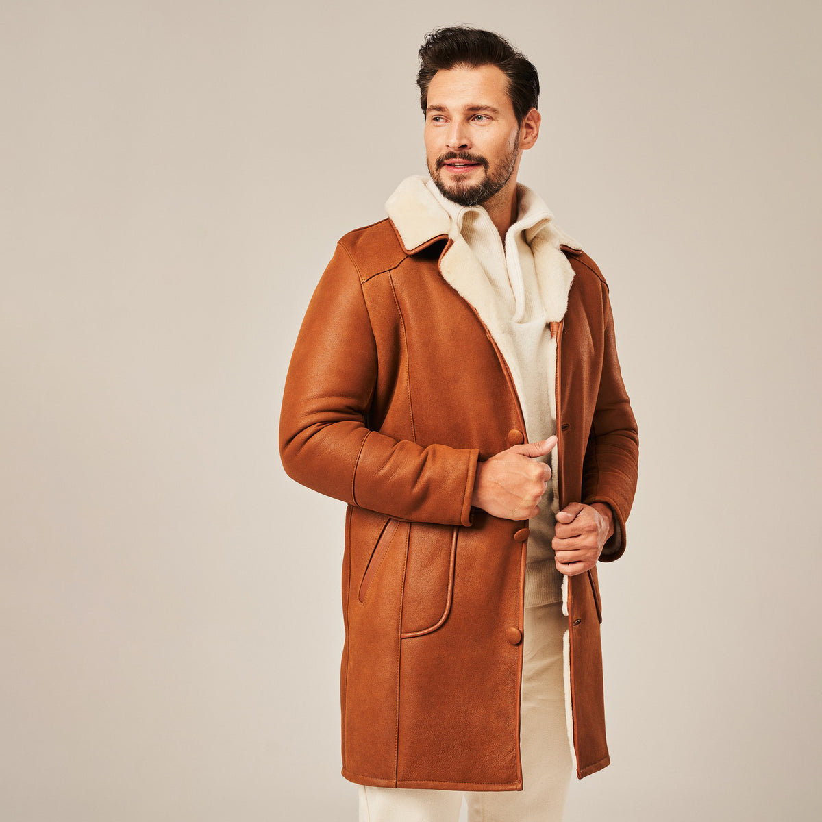 Men's Tan Brown Long Shearling Leather Coat | Real Lambskin Winter Coat by Shearling Jacket