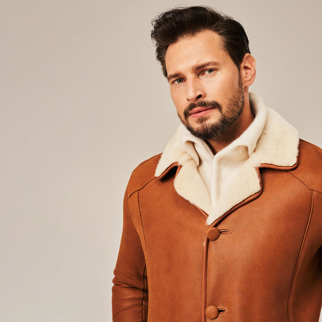 Men's Tan Brown Long Shearling Leather Coat | Real Lambskin Winter Coat by Shearling Jacket