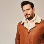 Men's Tan Brown Long Shearling Leather Coat | Real Lambskin Winter Coat by Shearling Jacket