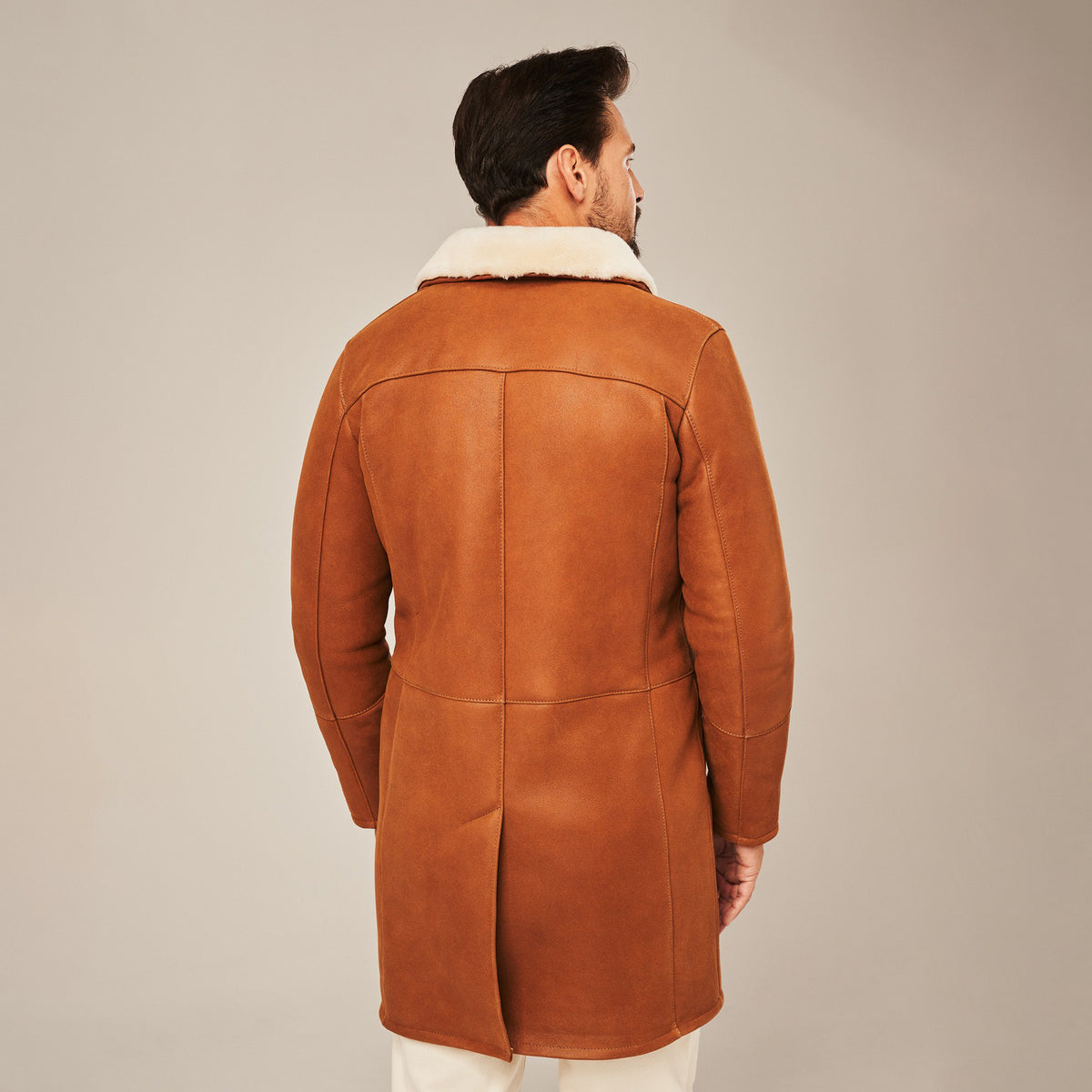 Men's Tan Brown Long Shearling Leather Coat | Real Lambskin Winter Coat by Shearling Jacket
