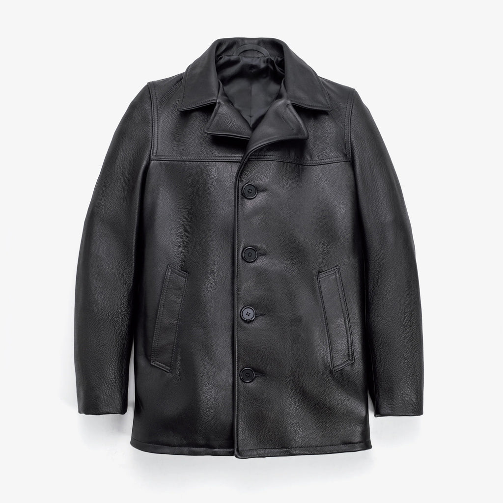 Men's Textured Black Leather Car Coat | Shearling Jacket
