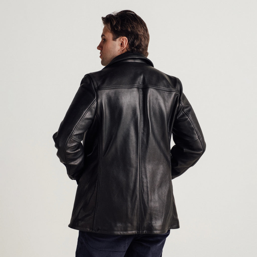 Men's Textured Black Leather Car Coat | Shearling Jacket