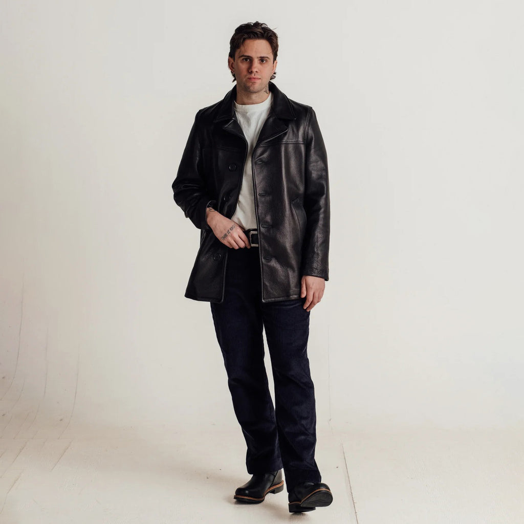 Men's Textured Black Leather Car Coat | Shearling Jacket