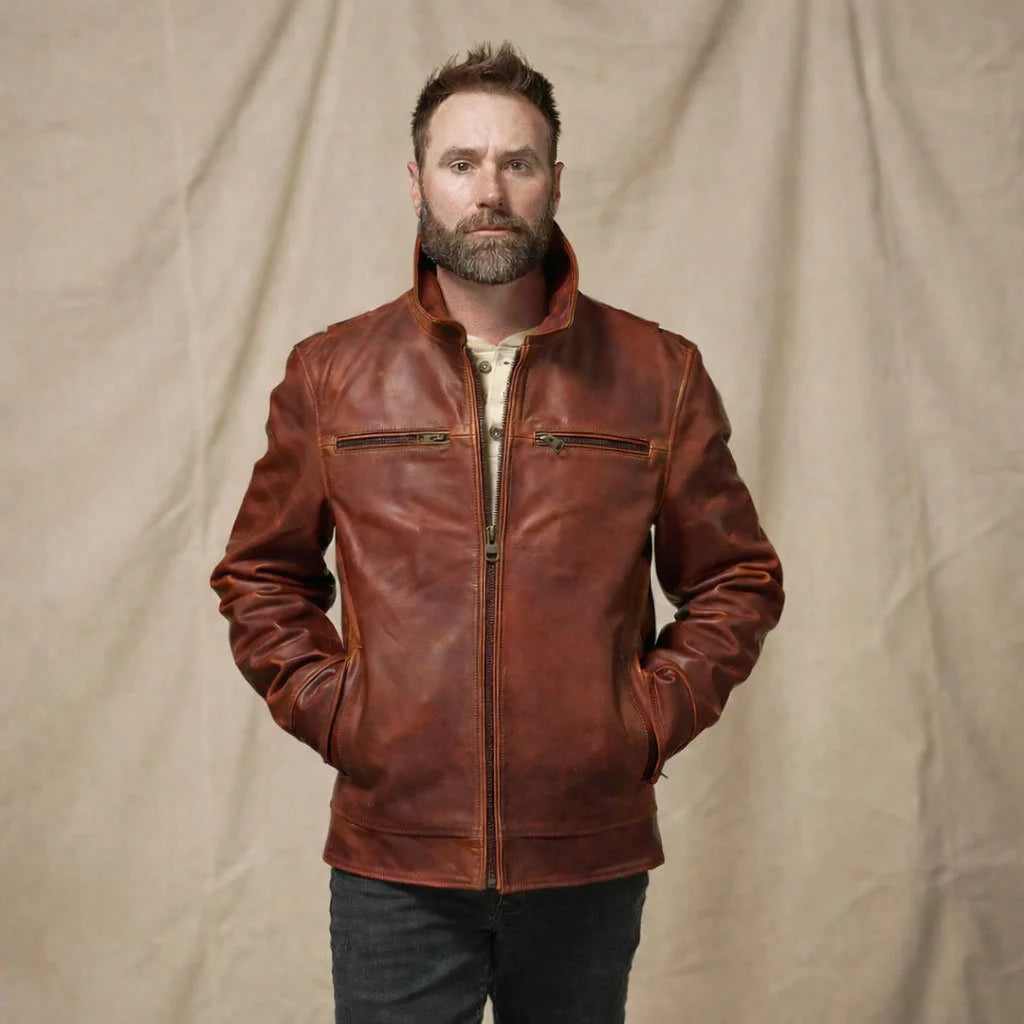 Men's Whiskey Brown Leather Shirt Collar Jacket