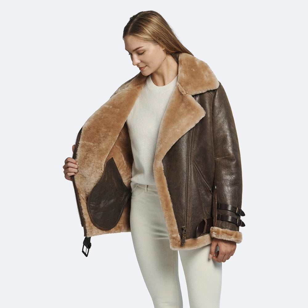 Oversized Women's Sheepskin Leather Shearling Winter Jacket
