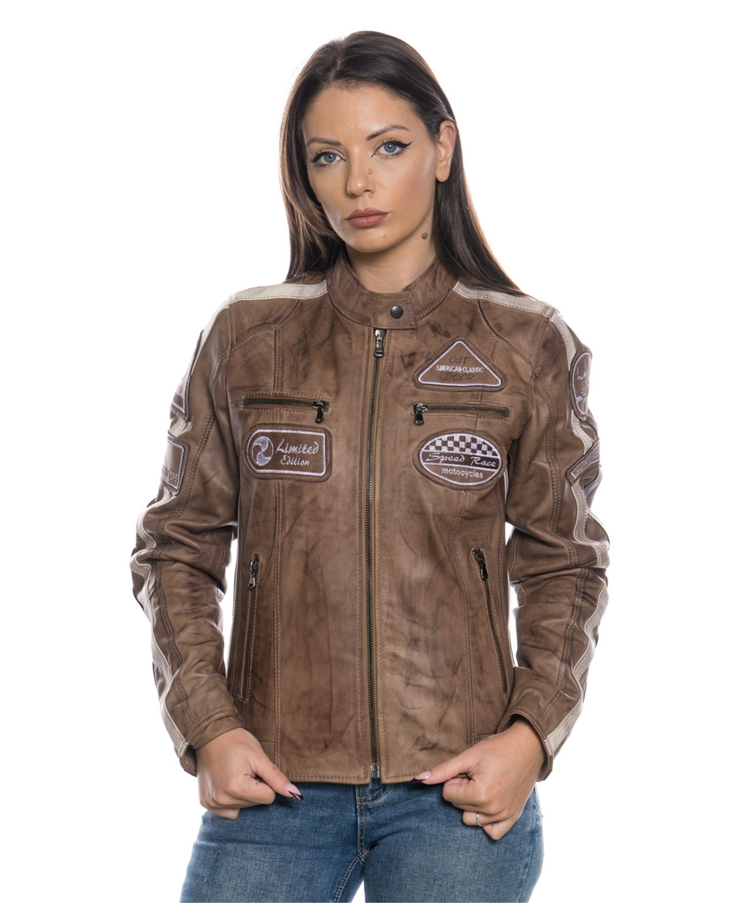Brown Women's Buffed Genuine Leather Biker Jacket