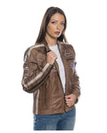 Brown Women's Buffed Genuine Leather Biker Jacket