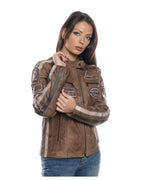 Brown Women's Buffed Genuine Leather Biker Jacket