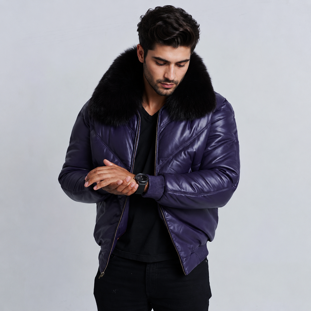 Men's Purple V-Bomber Genuine Leather Goose Country Jacket
