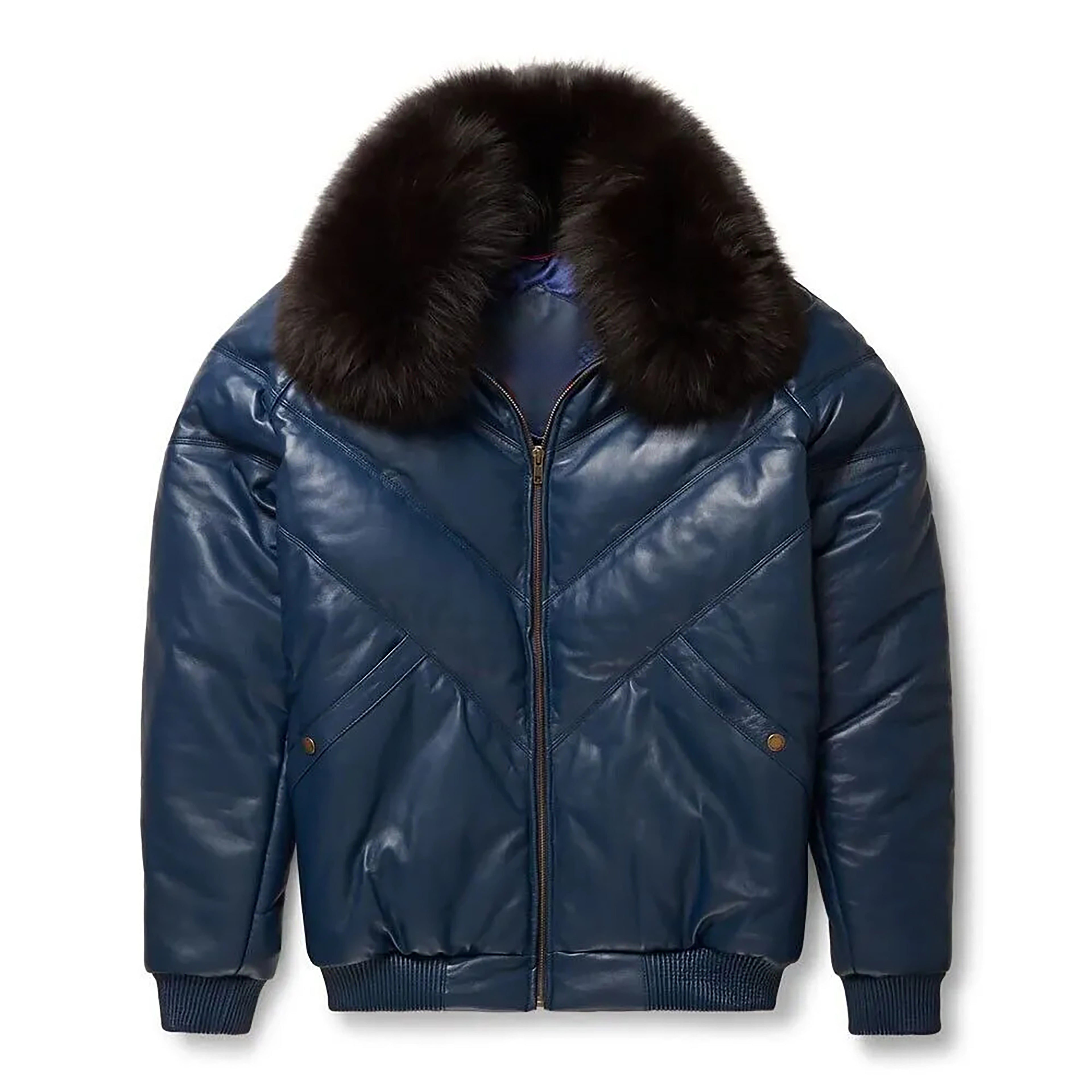 Men's Blue V-Bomber Real Leather Goose Country Jacket