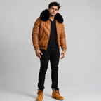 Men's Brown V-Bomber Real Leather Goose Country Jacket