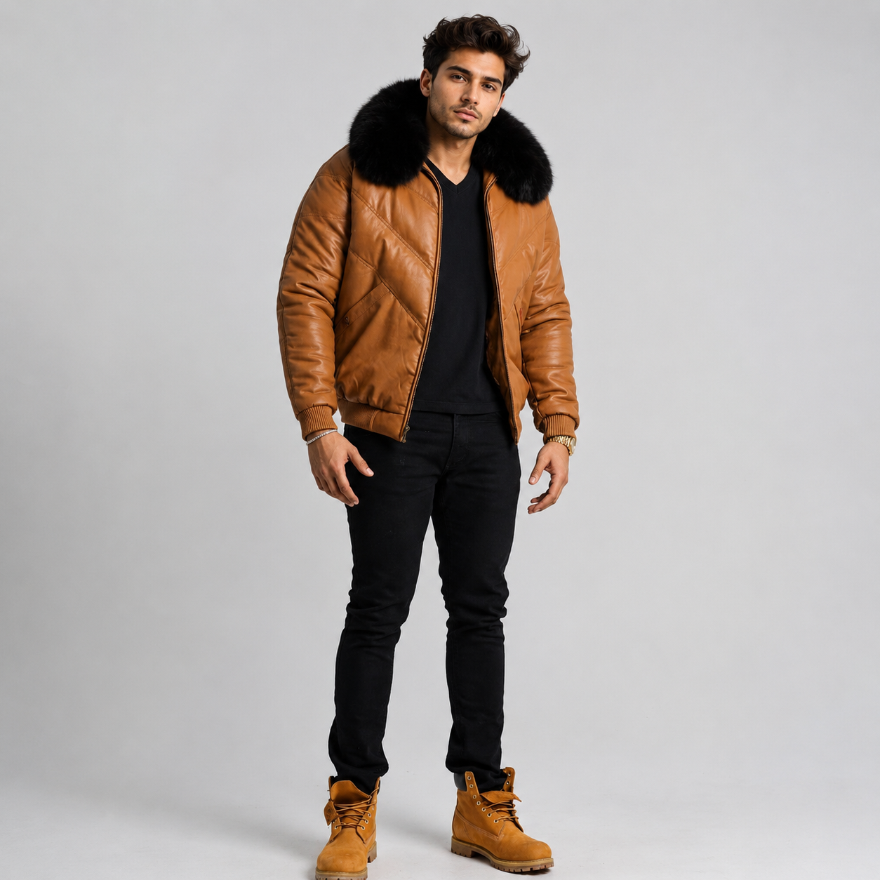 Men's Brown V-Bomber Real Leather Goose Country Jacket