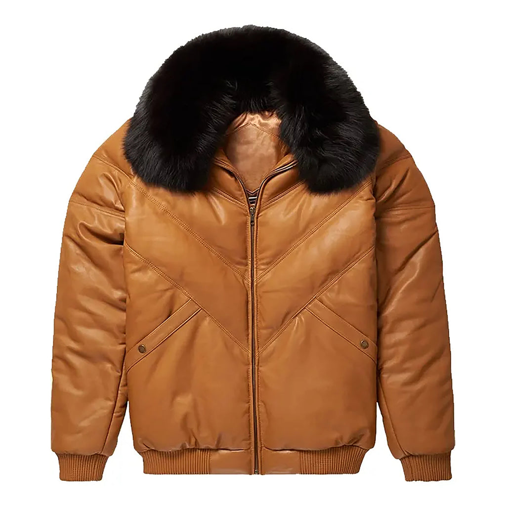 Men's Brown V-Bomber Real Leather Goose Country Jacket