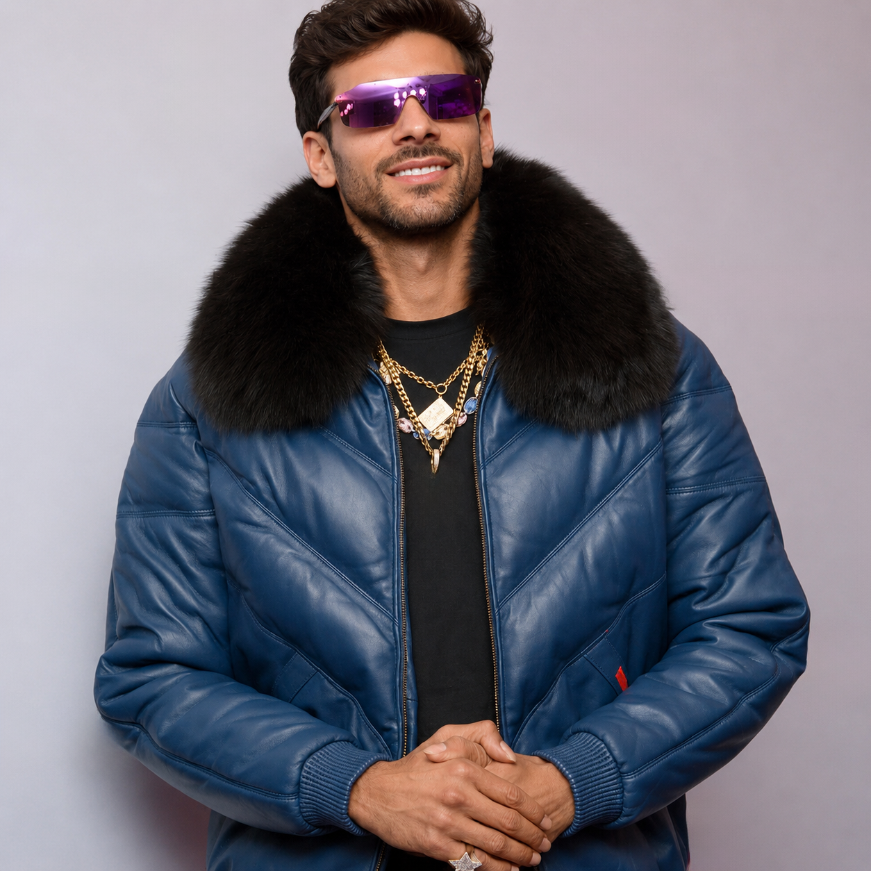 Men's Blue V-Bomber Real Leather Goose Country Jacket