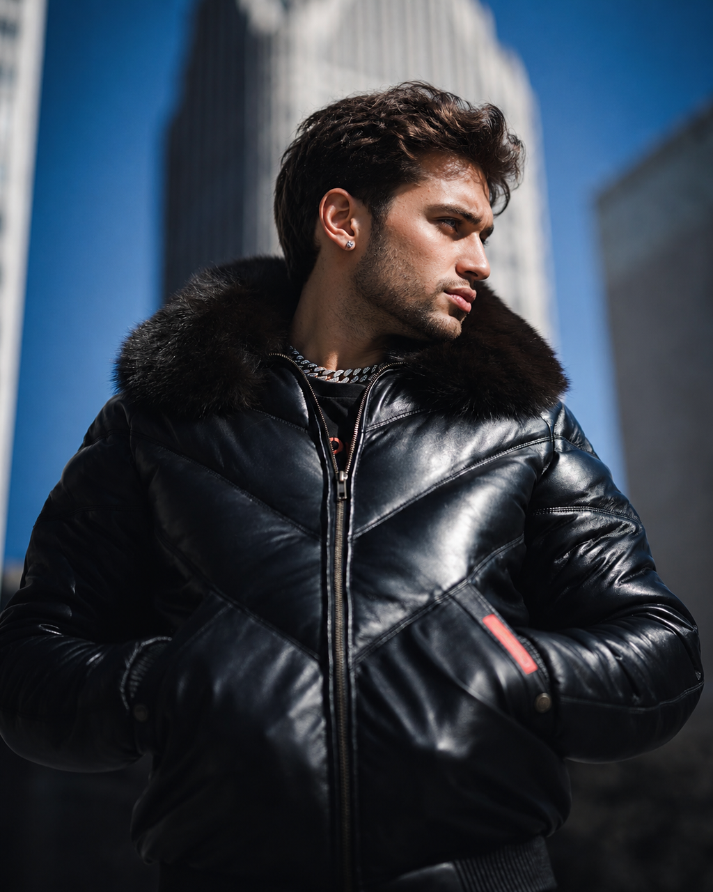 Men's Black V-Bomber Goose Country Real Leather Jacket