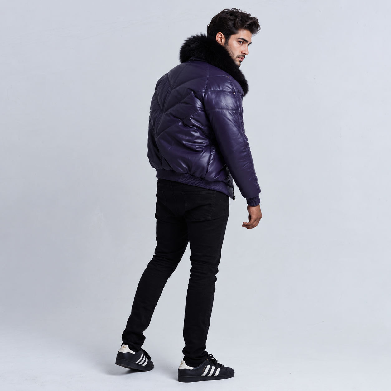 Men's Purple V-Bomber Genuine Leather Goose Country Jacket