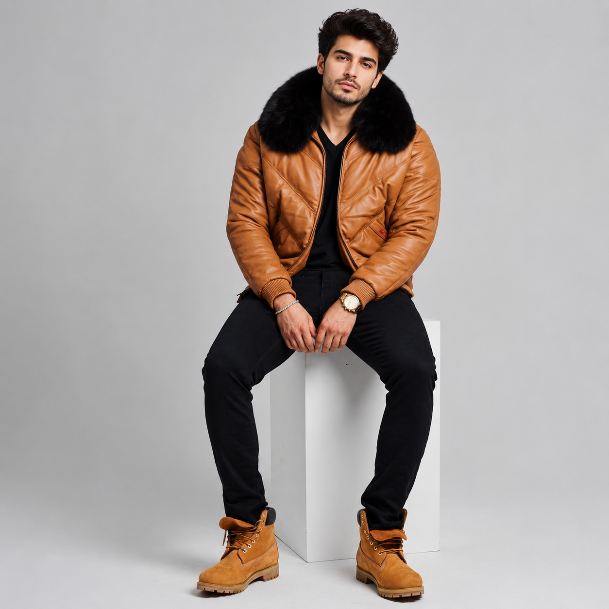 Men's Brown V-Bomber Real Leather Goose Country Jacket