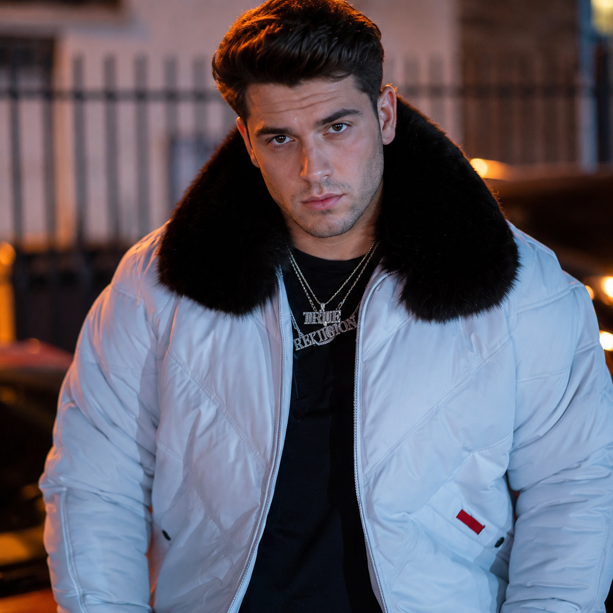 Men's White/Black V-Bomber Genuine Leather Goose Country Jacket