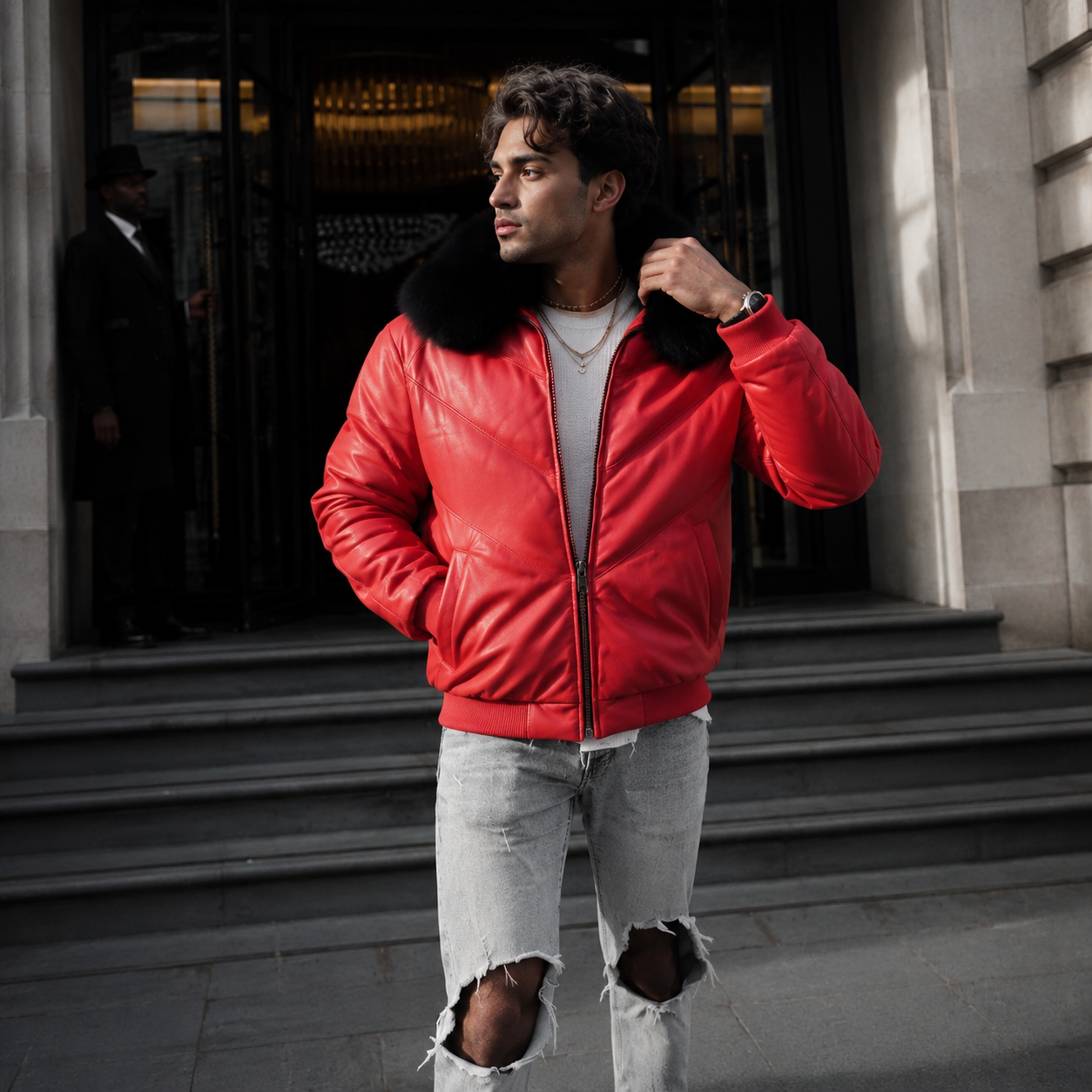 Men's Red V-Bomber Genuine Leather Goose Country Jacket