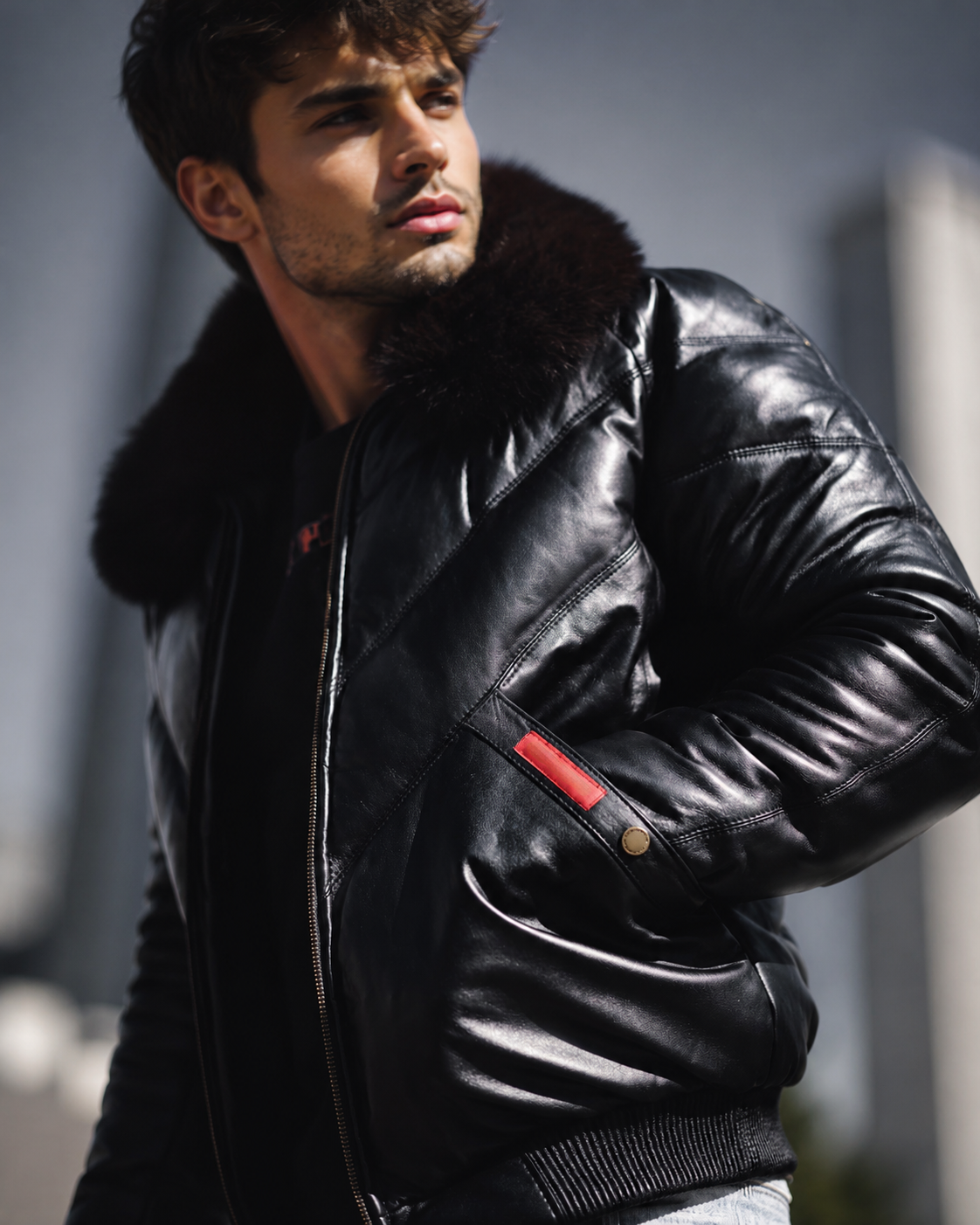 Men's Black V-Bomber Goose Country Real Leather Jacket