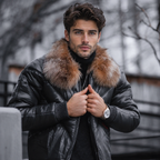 Men's Black V-Bomber Genuine Leather Goose Country Jacket