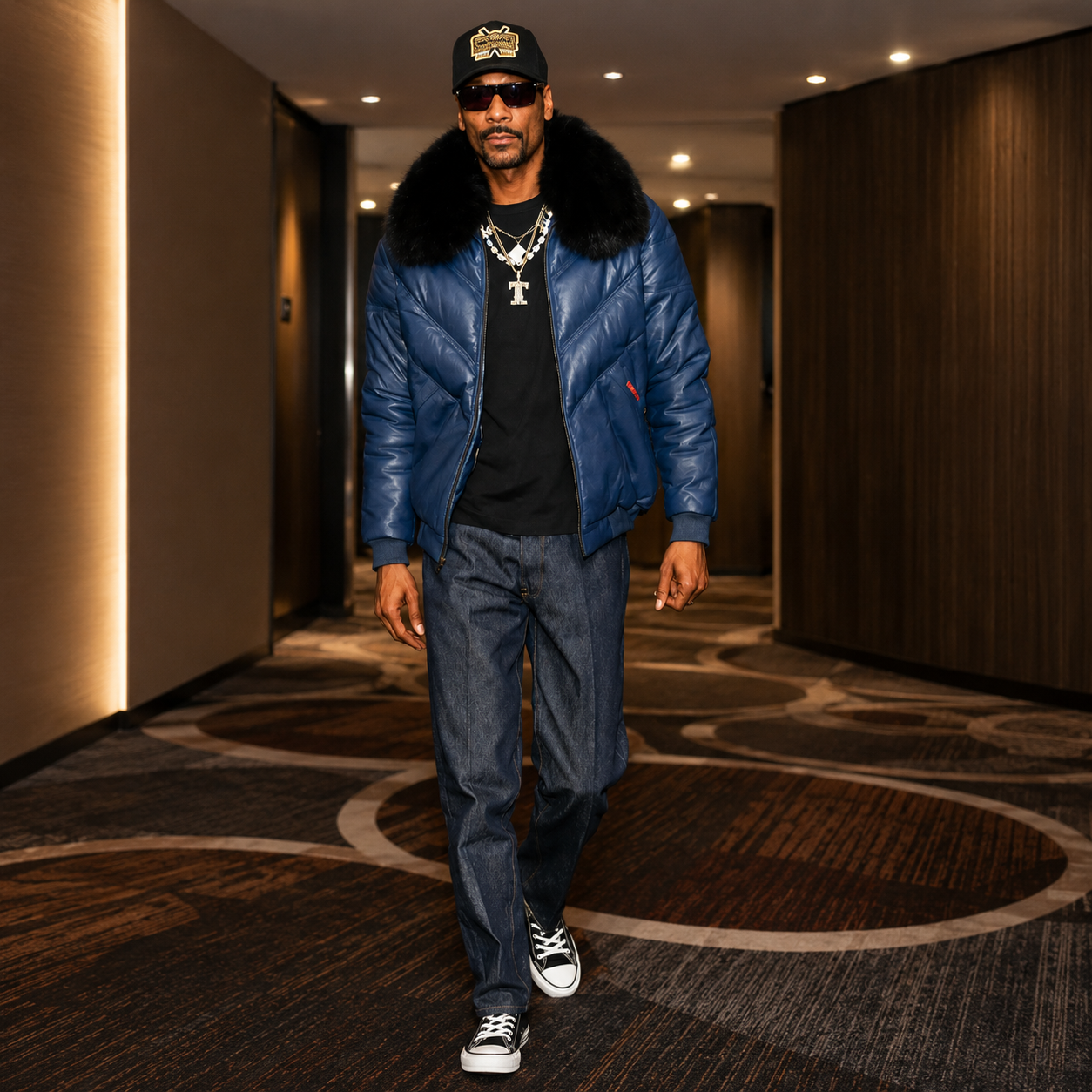 Men's Blue V-Bomber Real Leather Goose Country Jacket