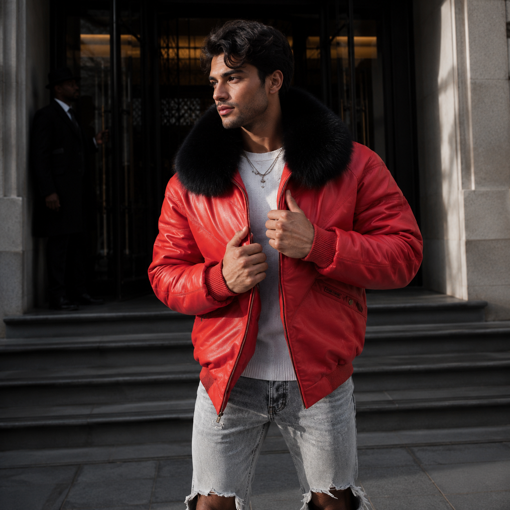 Men's Red V-Bomber Genuine Leather Goose Country Jacket