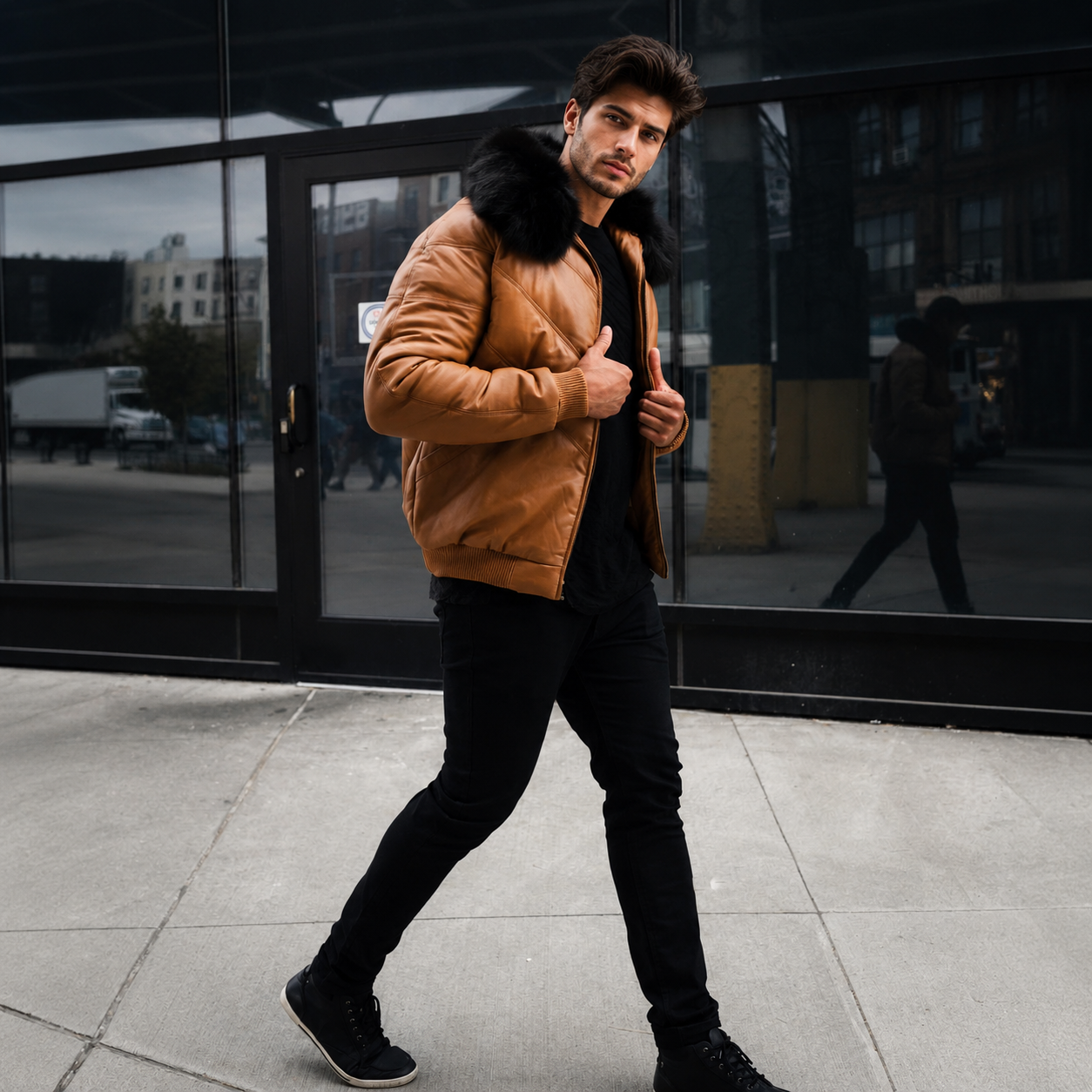 Men's Brown V-Bomber Real Leather Goose Country Jacket