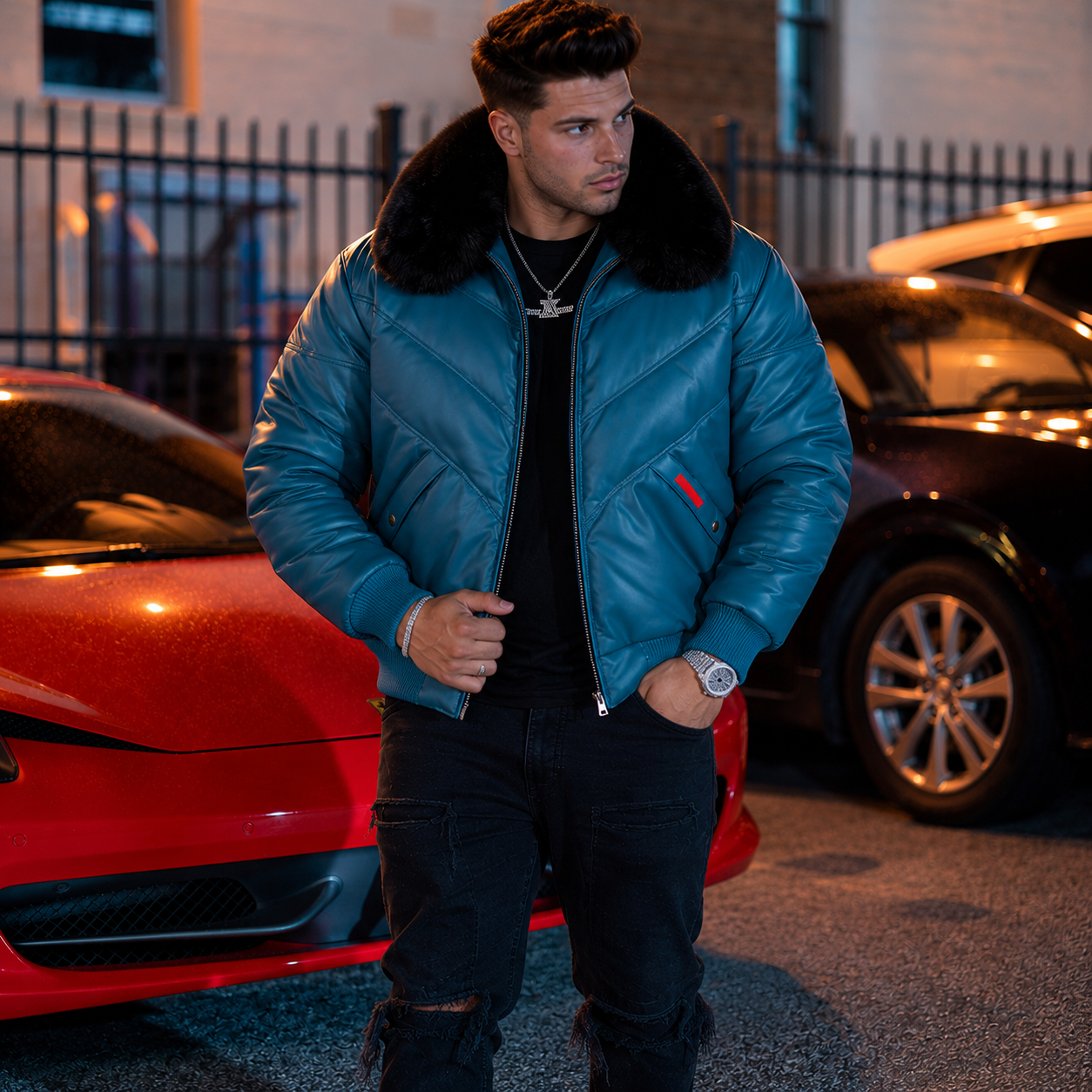 Men's Slate Blue V-Bomber Genuine Leather Goose Country Jacket