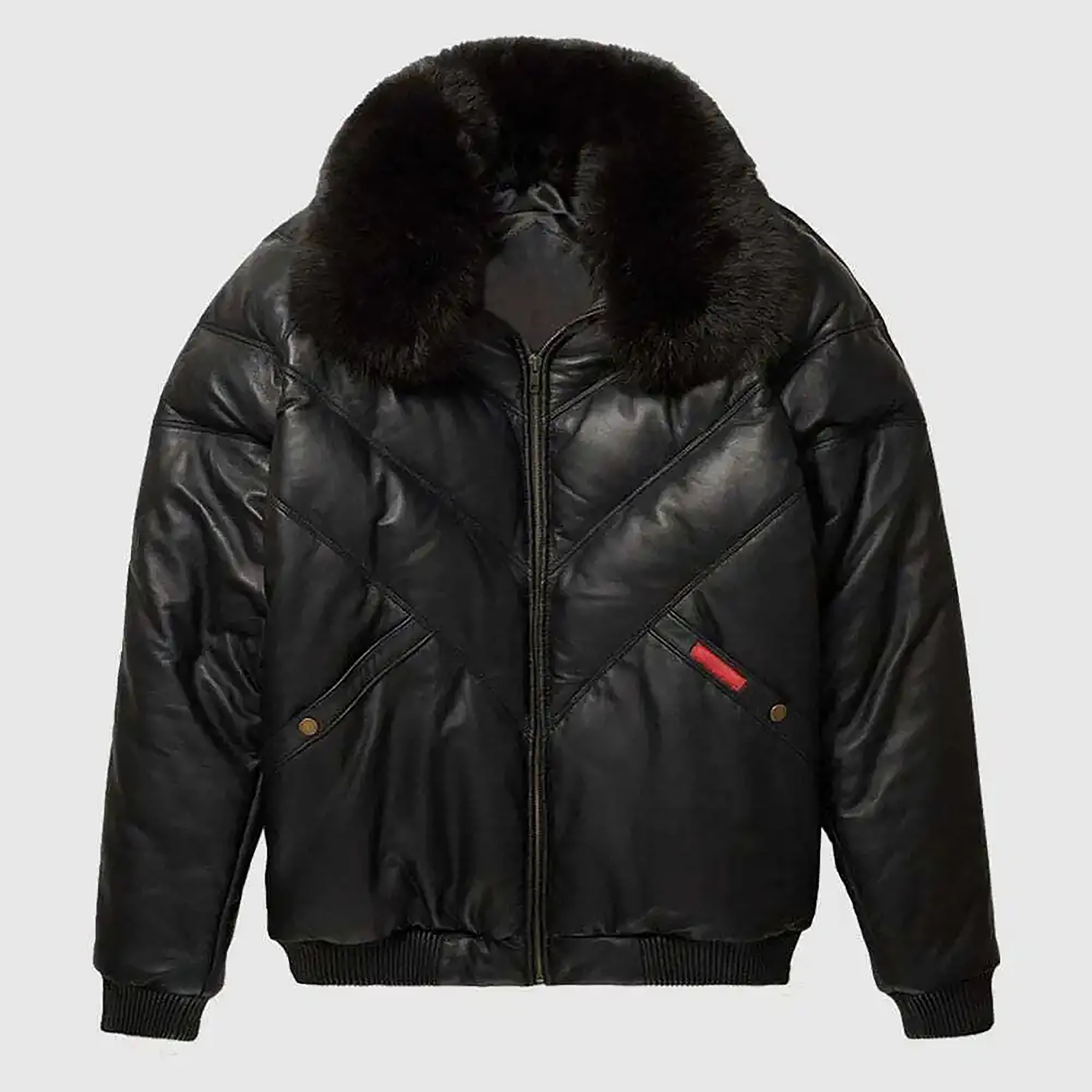 Men's Black V-Bomber Goose Country Real Leather Jacket