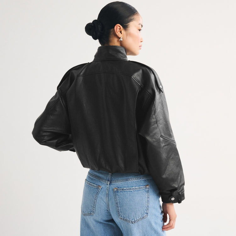 Women's Asymmetrical Funnel-Neck Leather Bomber Blouson