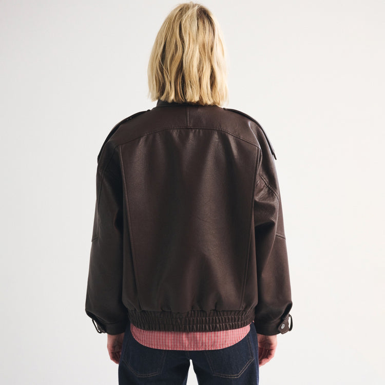 Women's Asymmetrical Funnel-Neck Leather Bomber Blouson