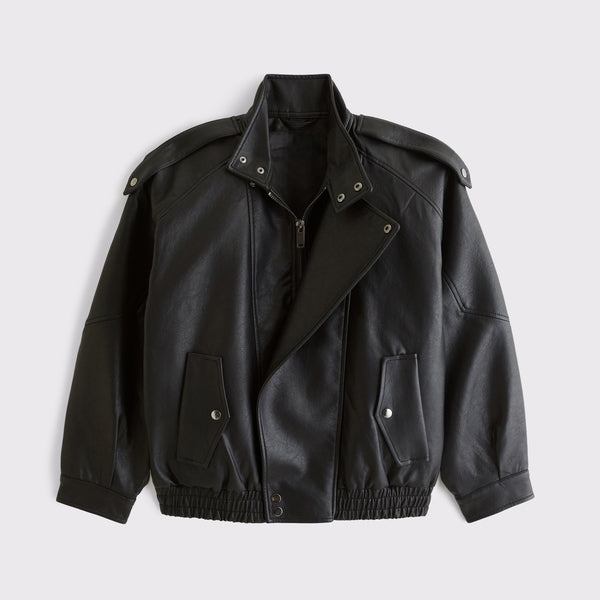 Women's Asymmetrical Funnel-Neck Leather Bomber Blouson