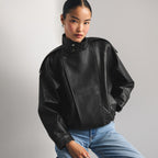 Women's Asymmetrical Funnel-Neck Leather Bomber Blouson