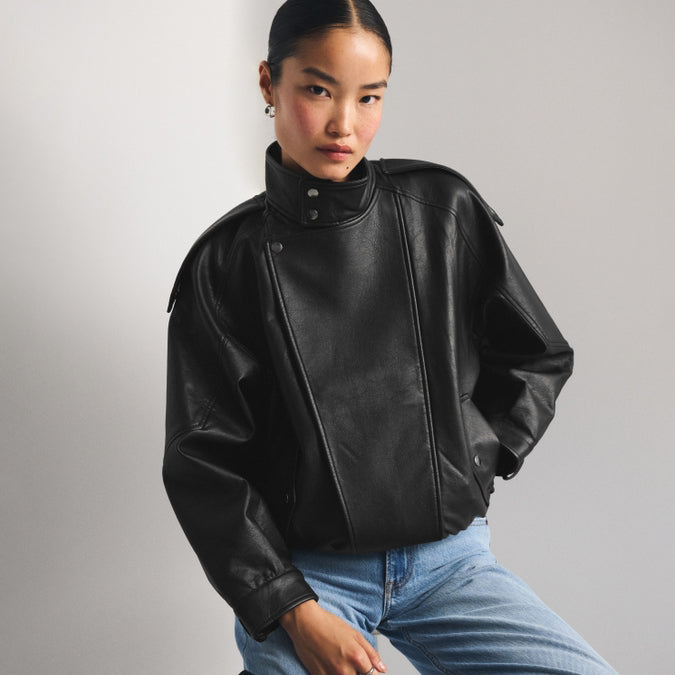 Women's Asymmetrical Funnel-Neck Leather Bomber Blouson