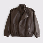 Women's Asymmetrical Funnel-Neck Leather Bomber Blouson