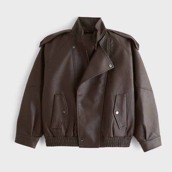 Women's Asymmetrical Funnel-Neck Leather Bomber Blouson