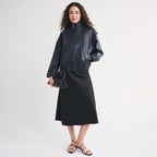 Women's Asymmetrical Funnel-Neck Leather Bomber Blouson