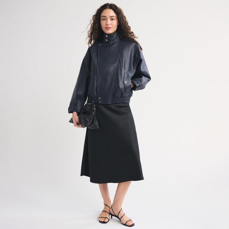 Women's Asymmetrical Funnel-Neck Leather Bomber Blouson
