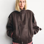 Women's Asymmetrical Funnel-Neck Leather Bomber Blouson