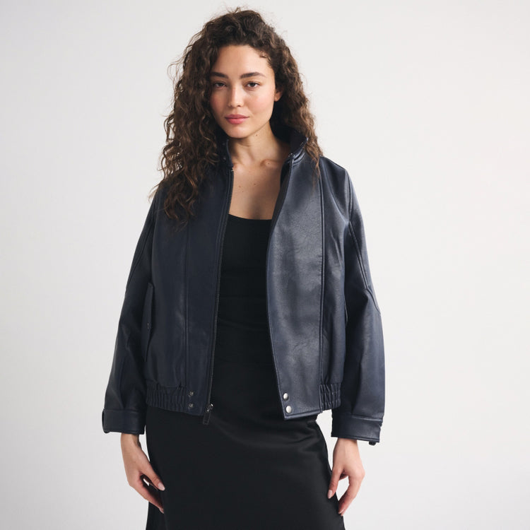 Women's Asymmetrical Funnel-Neck Leather Bomber Blouson