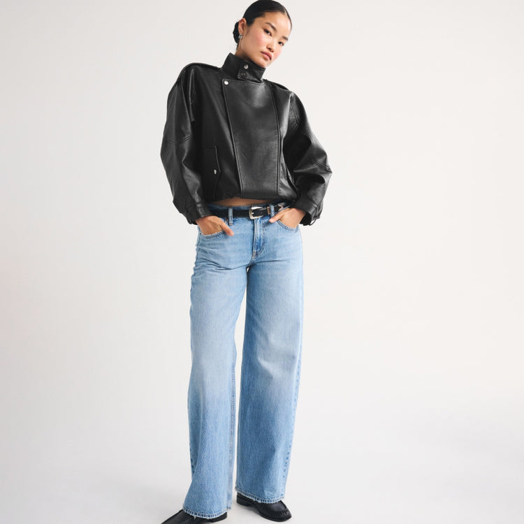 Women's Asymmetrical Funnel-Neck Leather Bomber Blouson