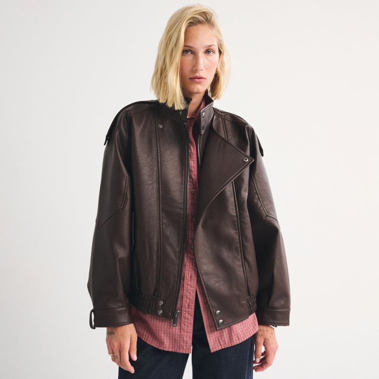 Women's Asymmetrical Funnel-Neck Leather Bomber Blouson