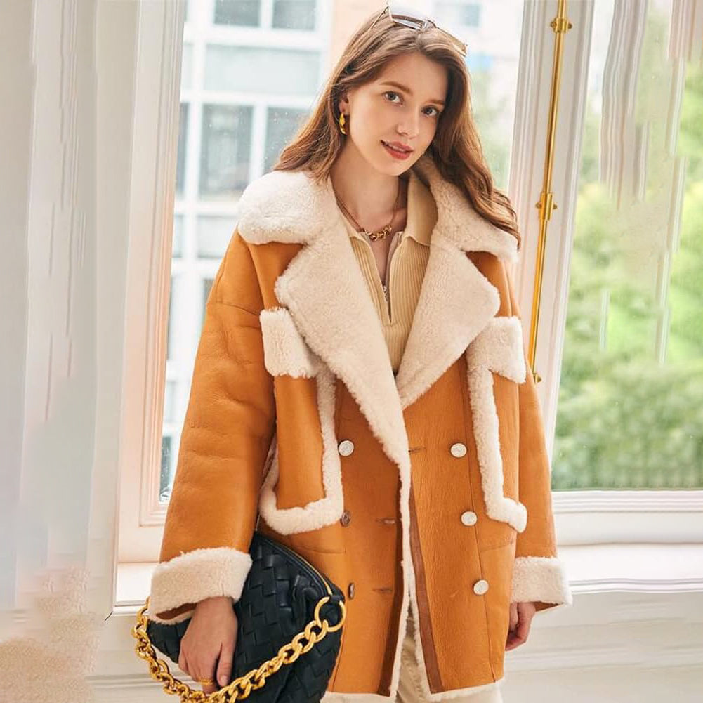 Women's Shearling Leather Coat with Patch Pockets