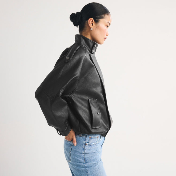 Women's Asymmetrical Funnel-Neck Leather Bomber Blouson