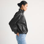 Women's Asymmetrical Funnel-Neck Leather Bomber Blouson