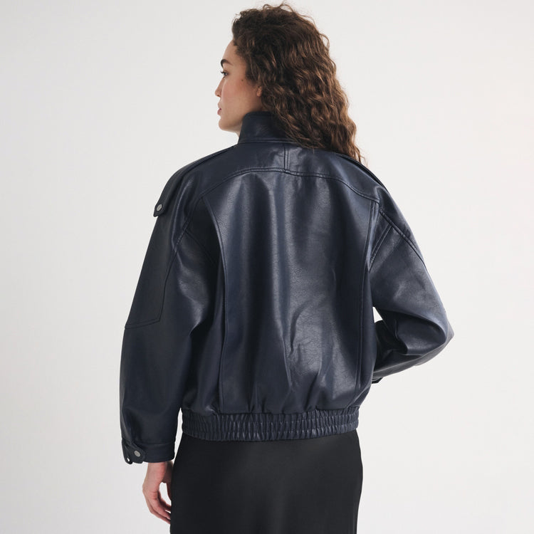 Women's Asymmetrical Funnel-Neck Leather Bomber Blouson